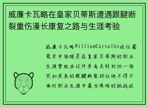 威廉卡瓦略在皇家贝蒂斯遭遇跟腱断裂重伤漫长康复之路与生涯考验